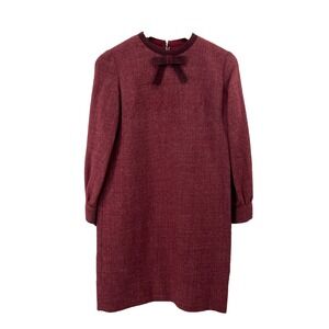 VTG Tweed Wool Dress Sz S Suede Bow Coquette School Girl Maisel Twee Union Wine